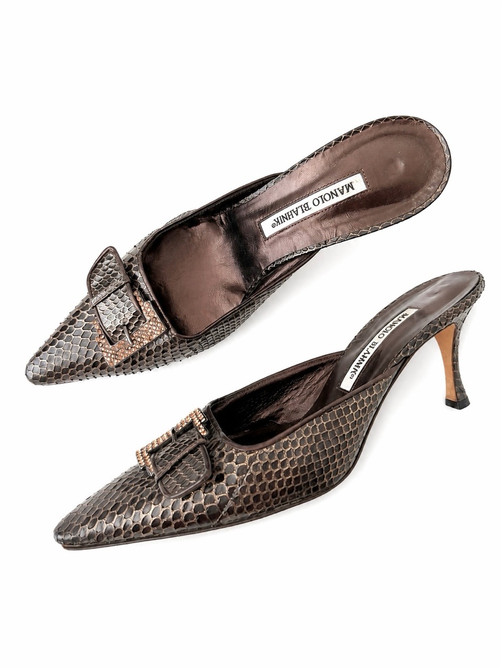 MANOLO BLAHNIK | Vintage Brown Python Snakeskin Crystal Buckle Mule‎ Heels 39.5
